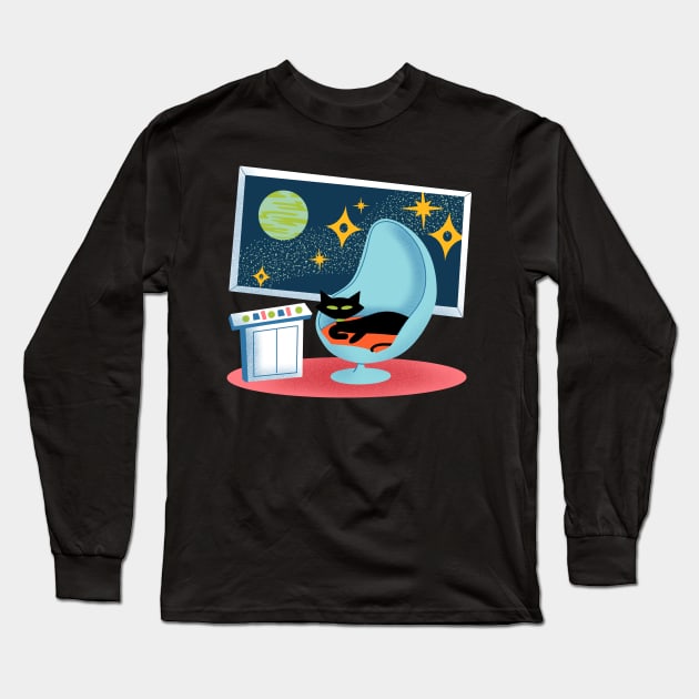 Funny Mid-Century Modern Atomic Cat in Space on Captain's Chair Long Sleeve T-Shirt by ksrogersdesigns